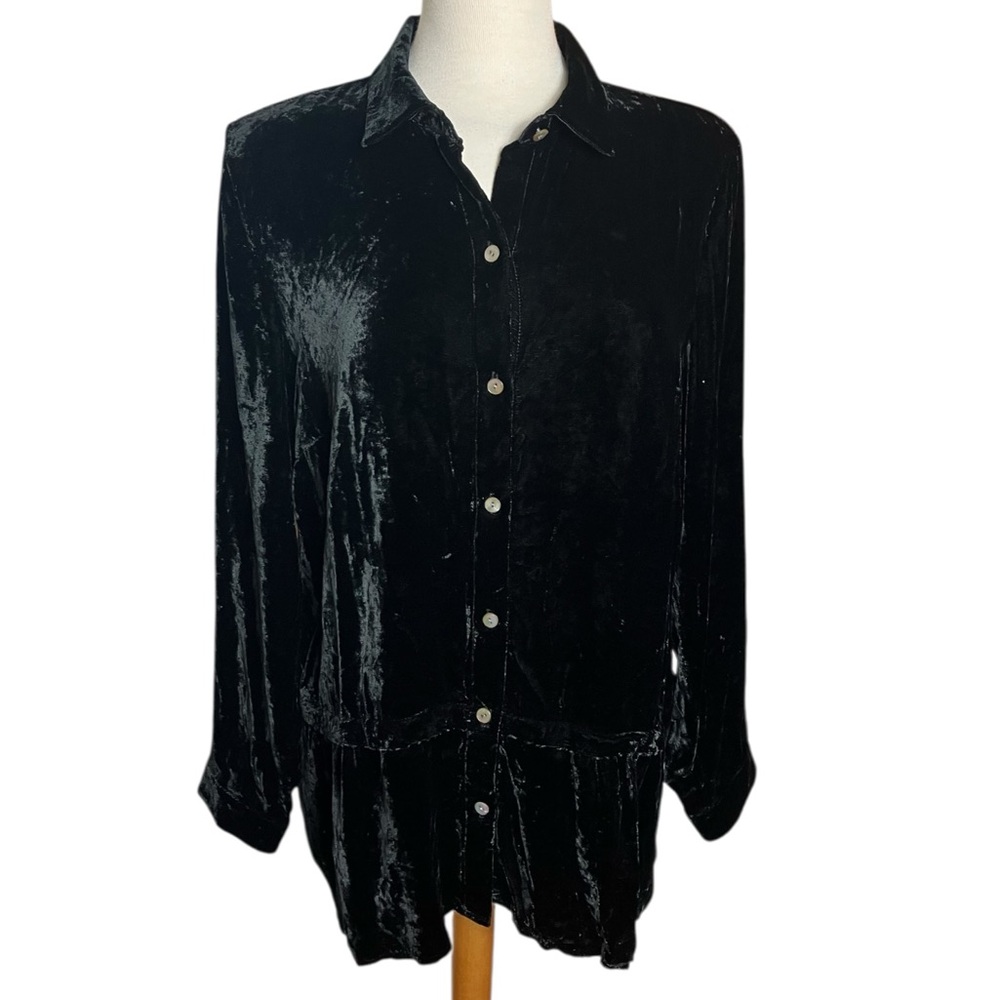 J. Jill Black Velvet Collared Blouse Button Front Tiered Front Women's Medium